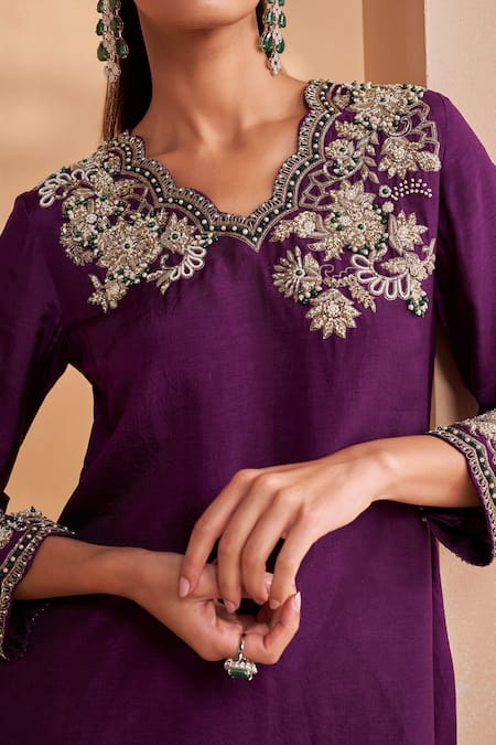 Shop_Aakansha Gupta_Purple Tussar, Silk Embroidery Round Neck Elara Kurta Set _Online_at_Aza_Fashions