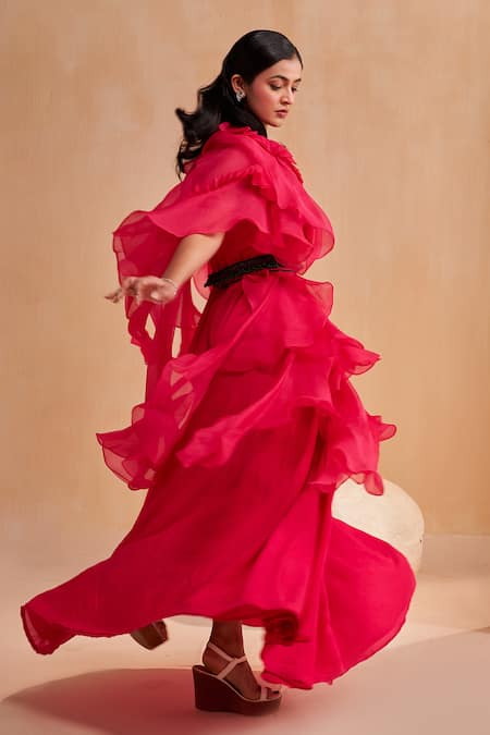 Aakansha Gupta_Pink Chanderi, Organza Round , Open Elowen Cape Gown Set _Online_at_Aza_Fashions