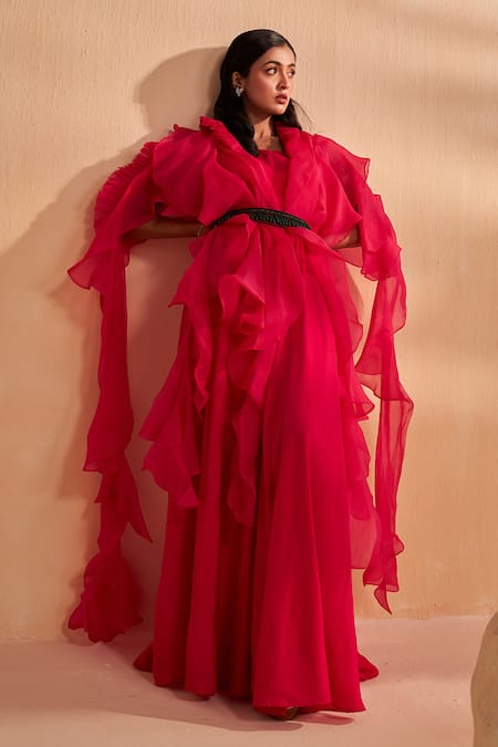Aakansha Gupta Pink Chanderi, Organza Round , Open Elowen Cape Gown Set