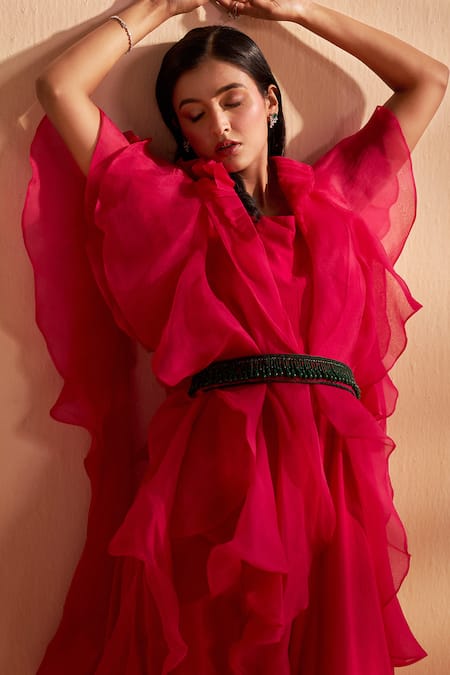 Buy_Aakansha Gupta_Pink Chanderi, Organza Round , Open Elowen Cape Gown Set _Online_at_Aza_Fashions