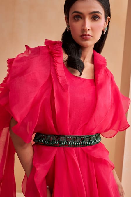 Aakansha Gupta_Pink Chanderi, Organza Round , Open Elowen Cape Gown Set _at_Aza_Fashions