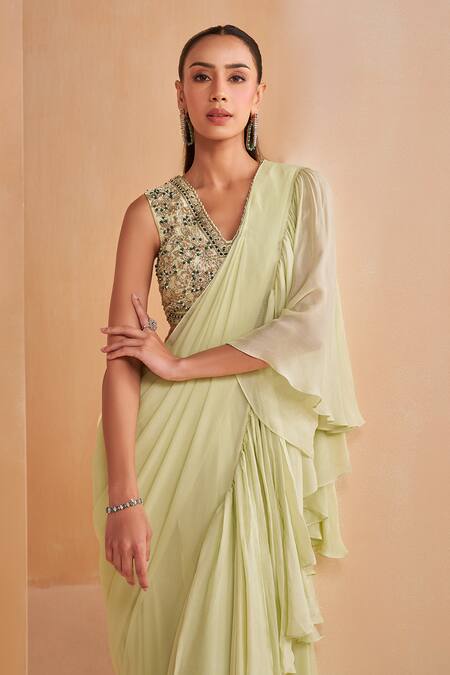 Aakansha Gupta_Green Chiffon, Georgette, Silk Pista Designer Pre-draped Saree And Blouse Set _Online_at_Aza_Fashions