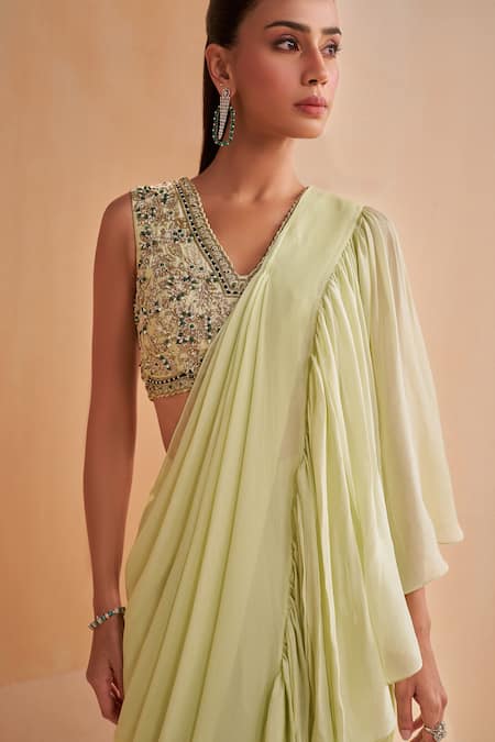 Buy_Aakansha Gupta_Green Chiffon, Georgette, Silk Pista Designer Pre-draped Saree And Blouse Set _Online_at_Aza_Fashions