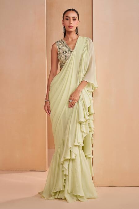 Shop_Aakansha Gupta_Green Chiffon, Georgette, Silk Pista Designer Pre-draped Saree And Blouse Set _Online_at_Aza_Fashions