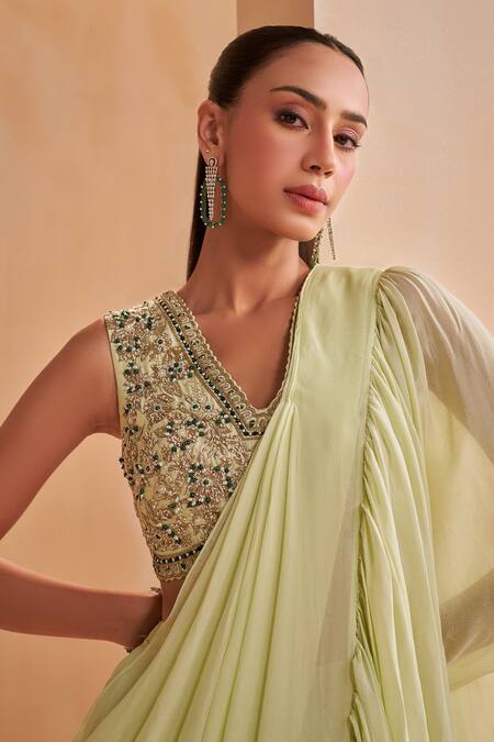 Aakansha Gupta_Green Chiffon, Georgette, Silk Pista Designer Pre-draped Saree And Blouse Set _at_Aza_Fashions