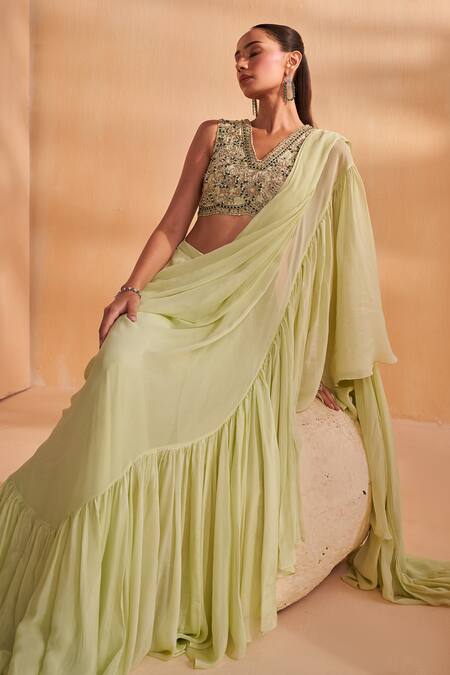 Buy_Aakansha Gupta_Green Chiffon, Georgette, Silk Pista Designer Pre-draped Saree And Blouse Set 