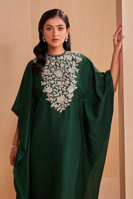 Buy_Aakansha Gupta_Green Silk Embroidery Round Neck Glade Kaftan Dress _Online_at_Aza_Fashions