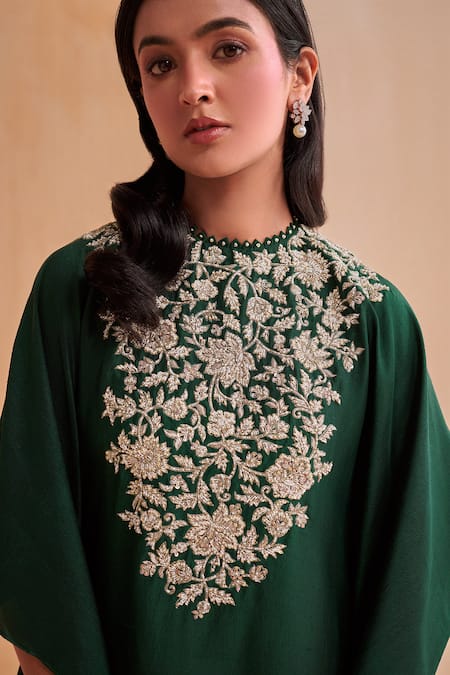 Shop_Aakansha Gupta_Green Silk Embroidery Round Neck Glade Kaftan Dress _Online_at_Aza_Fashions