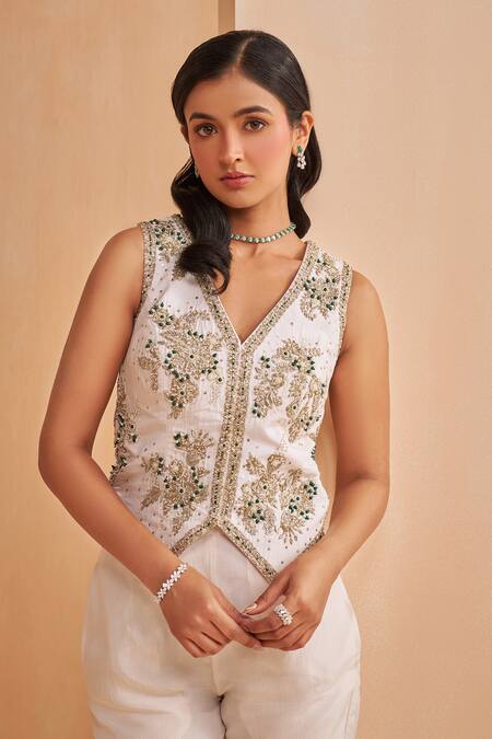 Shop_Aakansha Gupta_Ivory Silk Embroidery, Beads V-neck Dusk Co-ord Set _Online_at_Aza_Fashions