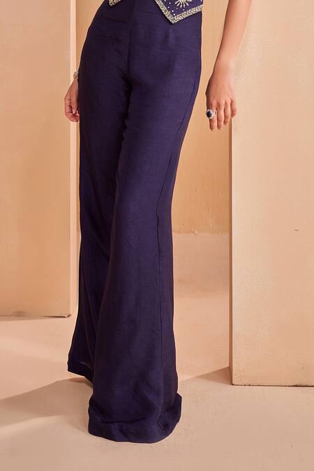 Aakansha Gupta_Blue Silk Sequins, Embroidery V-neck Dark Dusk Co-ord Set _Online_at_Aza_Fashions