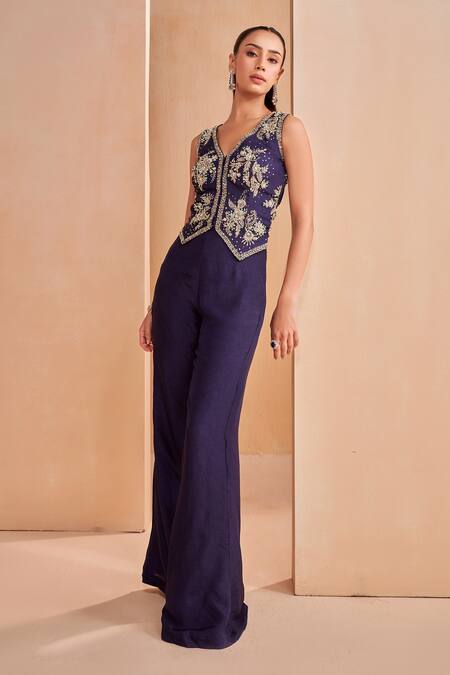 Buy_Aakansha Gupta_Blue Silk Sequins, Embroidery V-neck Dark Dusk Co-ord Set _Online_at_Aza_Fashions