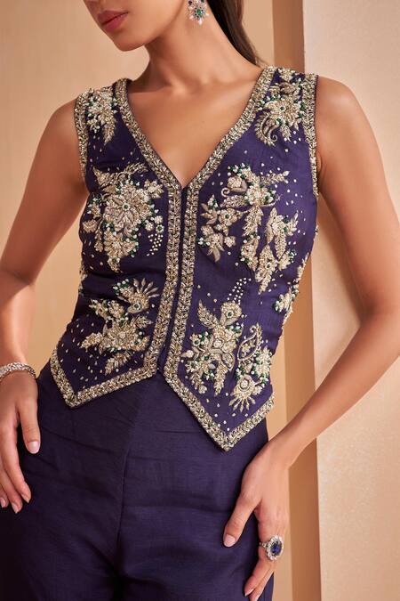 Shop_Aakansha Gupta_Blue Silk Sequins, Embroidery V-neck Dark Dusk Co-ord Set _Online_at_Aza_Fashions