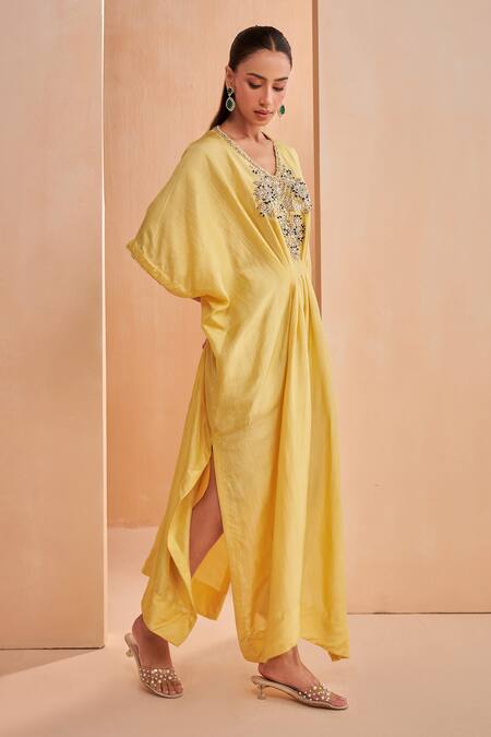 Aakansha Gupta_Yellow Silk Embroidery V-neck Quill Kaftan Dress _Online_at_Aza_Fashions