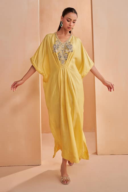 Aakansha Gupta Yellow Silk Embroidery V-neck Quill Kaftan Dress