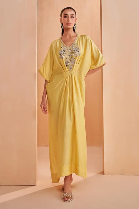 Buy_Aakansha Gupta_Yellow Silk Embroidery V-neck Quill Kaftan Dress _Online_at_Aza_Fashions