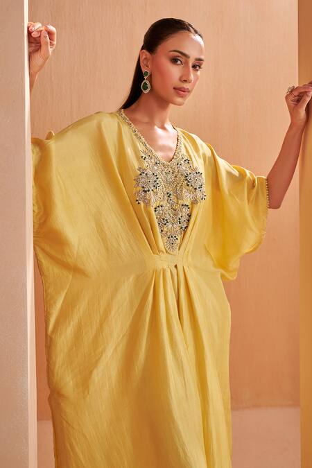 Shop_Aakansha Gupta_Yellow Silk Embroidery V-neck Quill Kaftan Dress _Online_at_Aza_Fashions