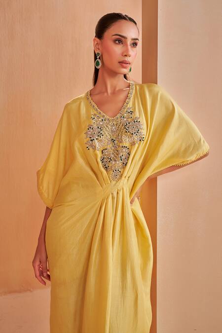 Aakansha Gupta_Yellow Silk Embroidery V-neck Quill Kaftan Dress _at_Aza_Fashions