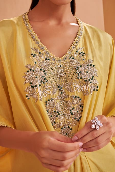 Buy_Aakansha Gupta_Yellow Silk Embroidery V-neck Quill Kaftan Dress 