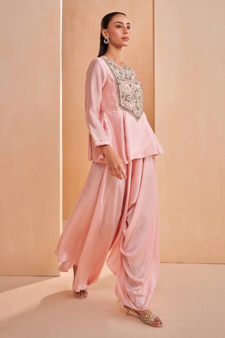 Aakansha Gupta_Pink Satin Embroidery Round Neck Saena Dhoti Set _Online_at_Aza_Fashions