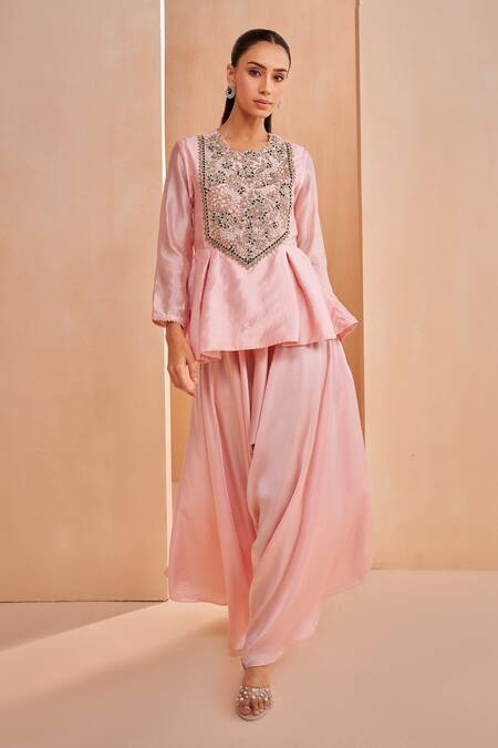 Buy_Aakansha Gupta_Pink Satin Embroidery Round Neck Saena Dhoti Set _Online_at_Aza_Fashions