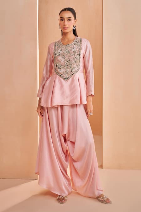 Aakansha Gupta Pink Satin Embroidery Round Neck Saena Dhoti Set 