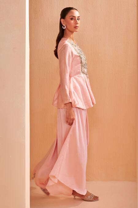 Shop_Aakansha Gupta_Pink Satin Embroidery Round Neck Saena Dhoti Set _Online_at_Aza_Fashions