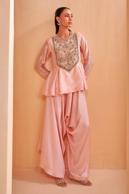 Aakansha Gupta_Pink Satin Embroidery Round Neck Saena Dhoti Set _at_Aza_Fashions