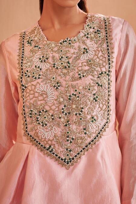 Buy_Aakansha Gupta_Pink Satin Embroidery Round Neck Saena Dhoti Set 