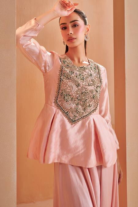 Shop_Aakansha Gupta_Pink Satin Embroidery Round Neck Saena Dhoti Set 