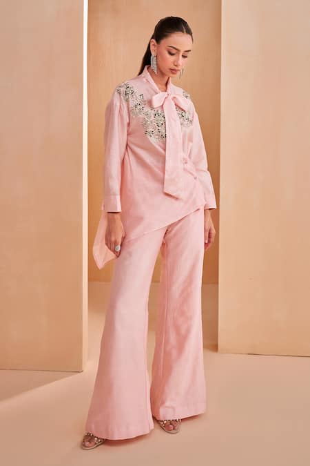 Aakansha Gupta_Pink Chanderi Embroidery Collared Designer Co-ord Set _Online_at_Aza_Fashions