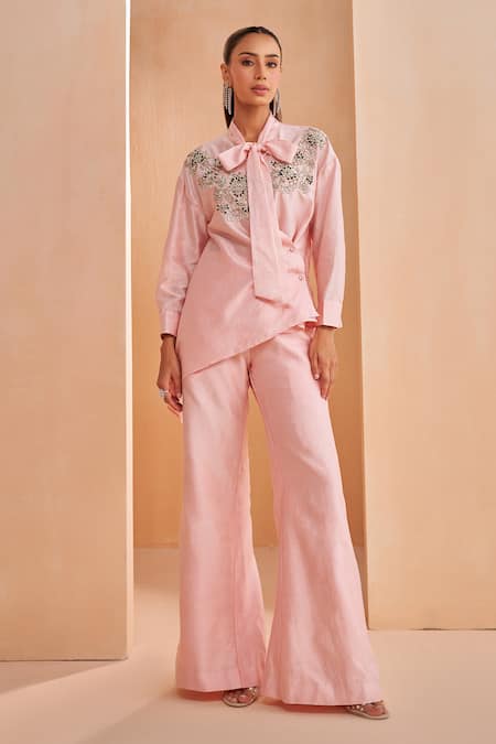 Aakansha Gupta Pink Chanderi Embroidery Collared Designer Co-ord Set