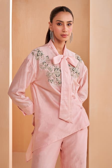 Buy_Aakansha Gupta_Pink Chanderi Embroidery Collared Designer Co-ord Set _Online_at_Aza_Fashions