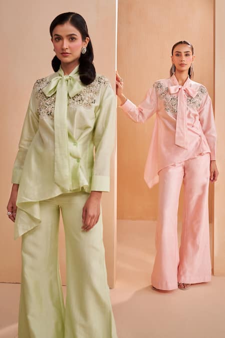 Shop_Aakansha Gupta_Pink Chanderi Embroidery Collared Designer Co-ord Set _Online_at_Aza_Fashions