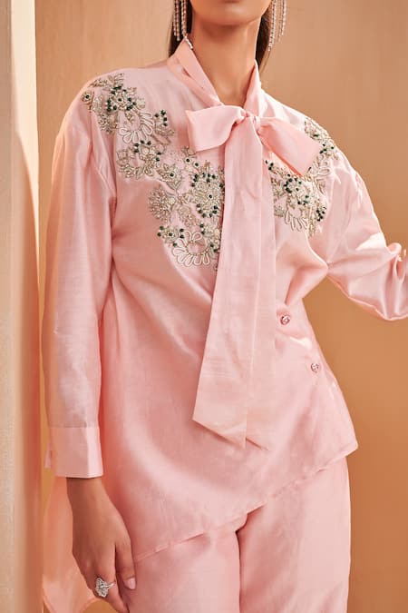 Buy_Aakansha Gupta_Pink Chanderi Embroidery Collared Designer Co-ord Set 