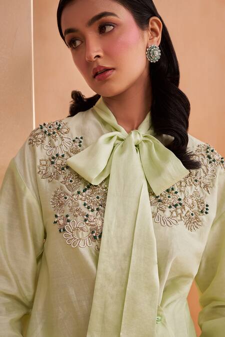 Aakansha Gupta_Green Chanderi Embroidery Open Neck Designer Co-ord Set _Online_at_Aza_Fashions