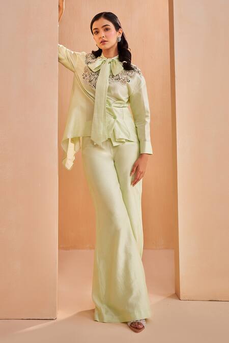 Buy_Aakansha Gupta_Green Chanderi Embroidery Open Neck Designer Co-ord Set _Online_at_Aza_Fashions