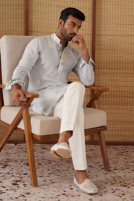 Shop_Arjan Dugal_Blue Organza, Silk, Cotton Satin, Lycra Embroidery Gramophone Dori Kurta Set _Online_at_Aza_Fashions