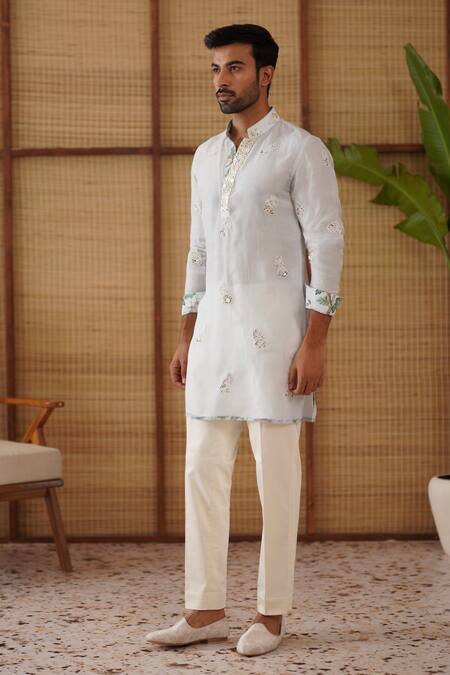 Arjan Dugal_Blue Organza, Silk, Cotton Satin, Lycra Embroidery Gramophone Dori Kurta Set _at_Aza_Fashions