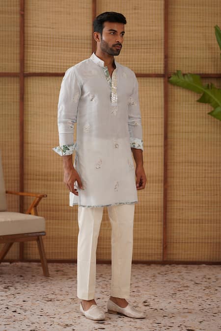 Buy_Arjan Dugal_Blue Organza, Silk, Cotton Satin, Lycra Embroidery Gramophone Dori Kurta Set 