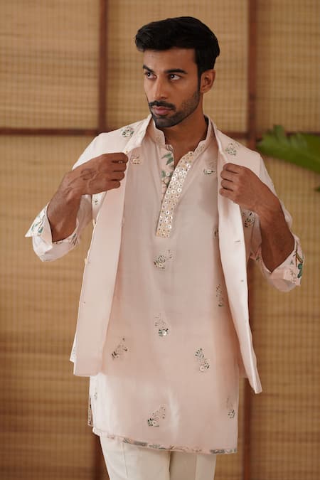 Arjan Dugal_Pink Organza, Silk, Cotton Satin, Modal, Lycra Gramophone Nehru Jacket Set _Online_at_Aza_Fashions