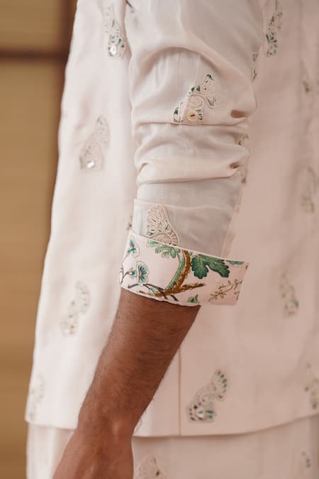 Buy_Arjan Dugal_Pink Organza, Silk, Cotton Satin, Modal, Lycra Gramophone Nehru Jacket Set _Online_at_Aza_Fashions