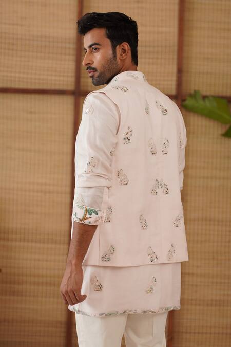 Shop_Arjan Dugal_Pink Organza, Silk, Cotton Satin, Modal, Lycra Gramophone Nehru Jacket Set _Online_at_Aza_Fashions