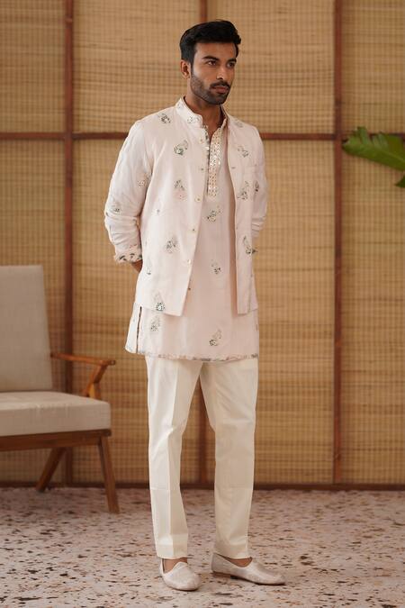 Arjan Dugal_Pink Organza, Silk, Cotton Satin, Modal, Lycra Gramophone Nehru Jacket Set _at_Aza_Fashions