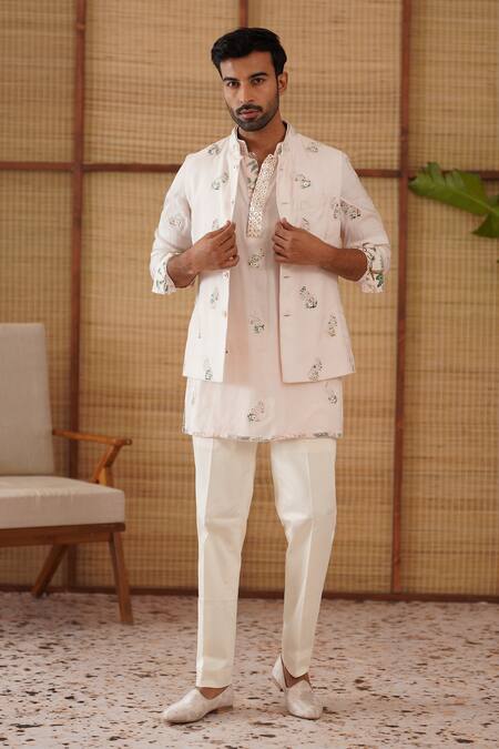 Buy_Arjan Dugal_Pink Organza, Silk, Cotton Satin, Modal, Lycra Gramophone Nehru Jacket Set 