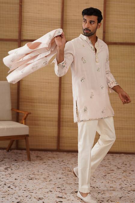 Shop_Arjan Dugal_Pink Organza, Silk, Cotton Satin, Modal, Lycra Gramophone Nehru Jacket Set 