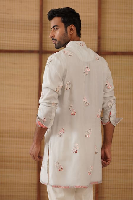 Arjan Dugal Light Grey Poppy Print Kurta Set 
