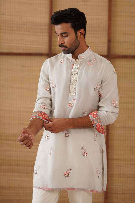 Arjan Dugal_Gray Organza, Silk, Cotton Satin, Lycra Light Grey Poppy Print Kurta Set _Online_at_Aza_Fashions