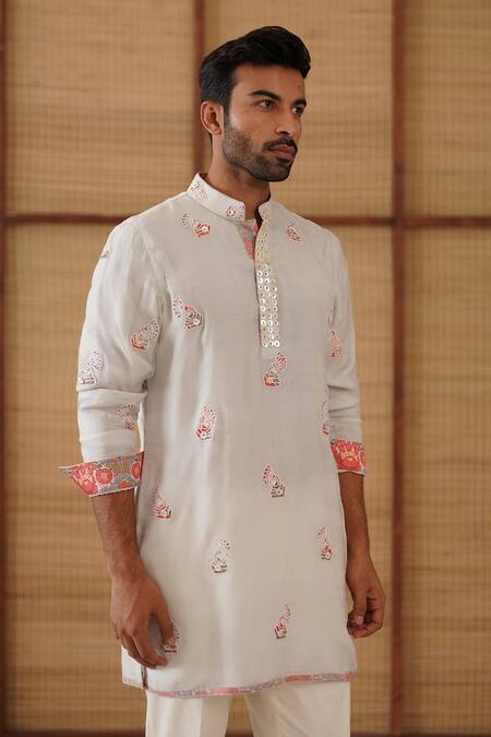 Shop_Arjan Dugal_Gray Organza, Silk, Cotton Satin, Lycra Light Grey Poppy Print Kurta Set _Online_at_Aza_Fashions