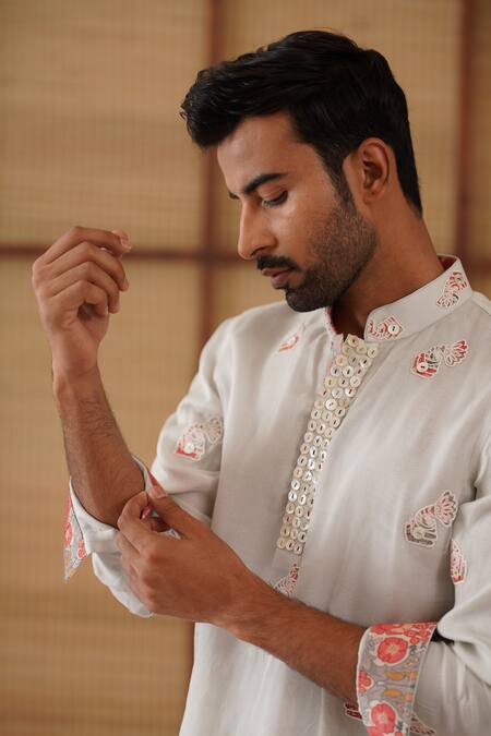 Arjan Dugal_Gray Organza, Silk, Cotton Satin, Lycra Light Grey Poppy Print Kurta Set _at_Aza_Fashions