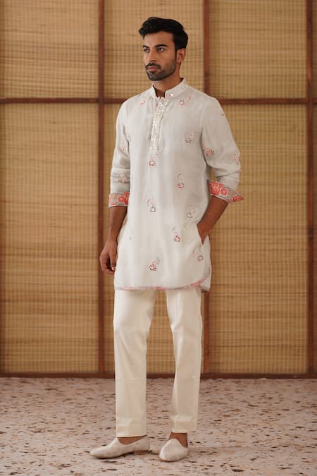 Arjan Dugal Gray Organza, Silk, Cotton Satin, Lycra Light Grey Poppy Print Kurta Set 